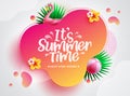 Summer time vector template design. It`s summer time text in abstract space with foliage leaves, flamingo and beachball floaters.