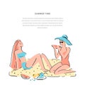 Summer time vector template. Two girls in a swimsuit. Flat hand drawn composition with women and fruits. Vector summer and beach