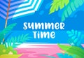 Summer Time Vibrant Banner with Palm Tree Leaves, Exotic Tropical Plants, Sandy Beach, Sun Umbrella and Sea View. Promo Poster Royalty Free Stock Photo