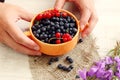 Summer is the time of vitamin berries: hands hold an orange cup with blueberries and red currants, close-up, top view