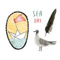 Summer time. Watercolor ship illustration with seagull and feather. Sea holiday set. Vector. Royalty Free Stock Photo