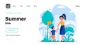 Summer time web concept. Mother walks with her son in city park, child flies kite, family leisure. Template of people scene.