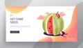 Summer Time Website Landing Page, Characters in Swimsuit Relaxing on Huge Watermelon. People, Family or Friends Having Fun