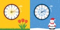 summer time and winter time concept with clock flower and snowman Royalty Free Stock Photo