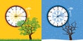 summer time and winter time concept with clock and tree