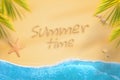 Summer time written on beach sand. Holidays in the shade of palm trees while the waves spit sand Royalty Free Stock Photo