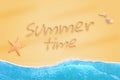 Summer time written on beach sand. Starfish and shells beside Royalty Free Stock Photo