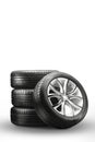 summer tires and wheels - stack on a white background, new wheels vertical photo Royalty Free Stock Photo