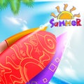 Summer Title with a Decorative Surfboards in a Bright Beach