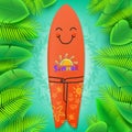 Summer Title with Surfboard smiling and a Tropical Green Leaves