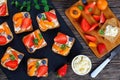 Summer toasts with cream cheese and fruits Royalty Free Stock Photo