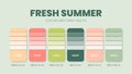 Fresh Summer color palette or color schemes are trends combinations and palette guides. Example of table color shades in RGB