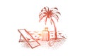 Summer tourism, holiday vacation, palm tree on sunny beach, bag, chaise lounge and slipper on sea shore