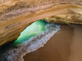 Summer tourist attraction. Drone aerial view. amous natural cave at Benagil beach in Algarve Portugal. landscape