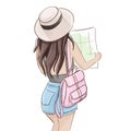 Summer tourist illustration. Vector traveller girl holding map. Glamour fashion magazine sketch, woman in shorts and hat