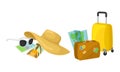 Summer Tourist Stuff with Luggage and Wide Brimmed Hat Vector Composition Set