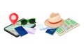 Summer Tourist Stuff with Map and Passport Vector Composition Set