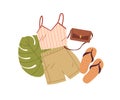 Summer tourists clothes, shoes, accessory. Female top, women shorts, beach flip-flops, bag composition. Apparel