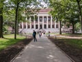 Summer tourists in front of Widener Library, Harvard University