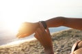 Close up of female hand with smart watch gadget Royalty Free Stock Photo