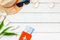 Summer travaling to the sea with straw hat, sun glasses, tickets and passport on white background top view mock up Royalty Free Stock Photo