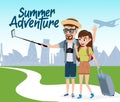 Summer travel adventure vector concept design. Summer adventure text with tourist characters taking phone picture and travelling.