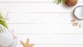 Summer travel background composition with woman hat, notebook, starfish, coconut and shells on white wooden table Royalty Free Stock Photo