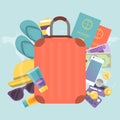 Summer travel bag with stuff for journey vector illustration. Suitcase for trip, journey luggage. Summertime travelling