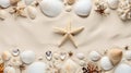 Summer travel banner with seashells, corals, and starfish on pure white sand beach, vacation concept Royalty Free Stock Photo