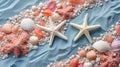 Summer travel banner seashells, corals, and starfish on white sand oceanic theme Royalty Free Stock Photo
