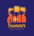 Summer travel banner with sun, palms and surfer Royalty Free Stock Photo