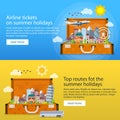 Summer travel banners in flat style. Traveling in time of vacation by plane and bus. Travel to Britain and Italy. The summer Royalty Free Stock Photo