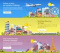 Summer travel banners in flat style. Traveling in time of vacation by plane, bus and train. Travel to Britain, Italy and France. D