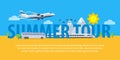 Summer travel banners in flat style. Traveling in time of vacation by plane, train and bus. Template for advertising, ads and webs Royalty Free Stock Photo