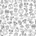 Summer, travel and beach sketch seamless pattern in black and white colors. Travelling hand draw elements with