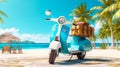 Summer travel , Blue motorbike with luggage for summer holidays , Beach sea view , Vacation.