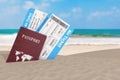 Summer Travel Concept. Airline Boarding Passengers Tickets with Passports on an Ocean Deserted Coast. 3d Rendering Royalty Free Stock Photo