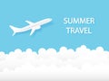 Summer travel concept airplane flying in the sky. Digital craft paper cut style. Vector illustration design Royalty Free Stock Photo