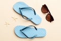 Summer travel concept. Flip flops, sunglasses and starfish on white. Top view on colored background