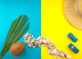 Summer Travel concept. Palm Tree Leaf, straw hat, coconut, seashell, blue car on yellow background