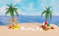 Summer travel concept with sternwheel, palm tree, lifebuoy, seaside, suitcase, yellow duck, sandals, boat, crab, beach isolated on