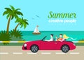 Summer travel couple cabrio car flat web infographic concept Royalty Free Stock Photo