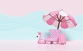 Summer travel, 3d pink sofa chair with suitcase, umbrella or parasol, Inflatable flamingo, wave isolated on pink background.