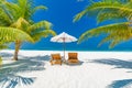 Summer travel destination background. Summer beach scene, sun beds sun umbrella and palm trees Royalty Free Stock Photo