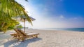 Summer travel destination background. Summer beach scene, sun beds sun umbrella and palm trees Royalty Free Stock Photo