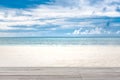 Wooden floor beach landscape. Calmness and relaxation at tropical beach. sea sand sky concept.