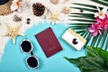 Summer and Travel essentials preparation, Travel accessories, Passport, Sunglasses.