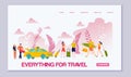 Summer travel essentials, vacations things, tourism website template with people travelling, luggage vector illustration