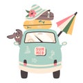 Summer travel. Family road trip by car. Car journey and tourist trip concept. Family traveling with suitcases, dog, beach umbrella