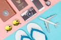Summer travel fashion and objects on pastel Royalty Free Stock Photo